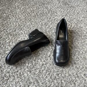 Anne Klein Loafers Shoe Chunky Block Heel Black Leather Square Toe 90s Y2K 7.5